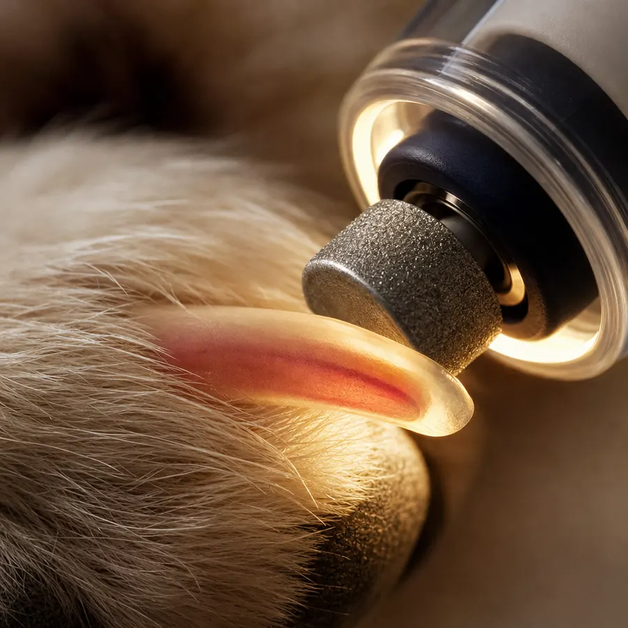 Illustration: an LED lighting a dog's nail so the pink quick is visible