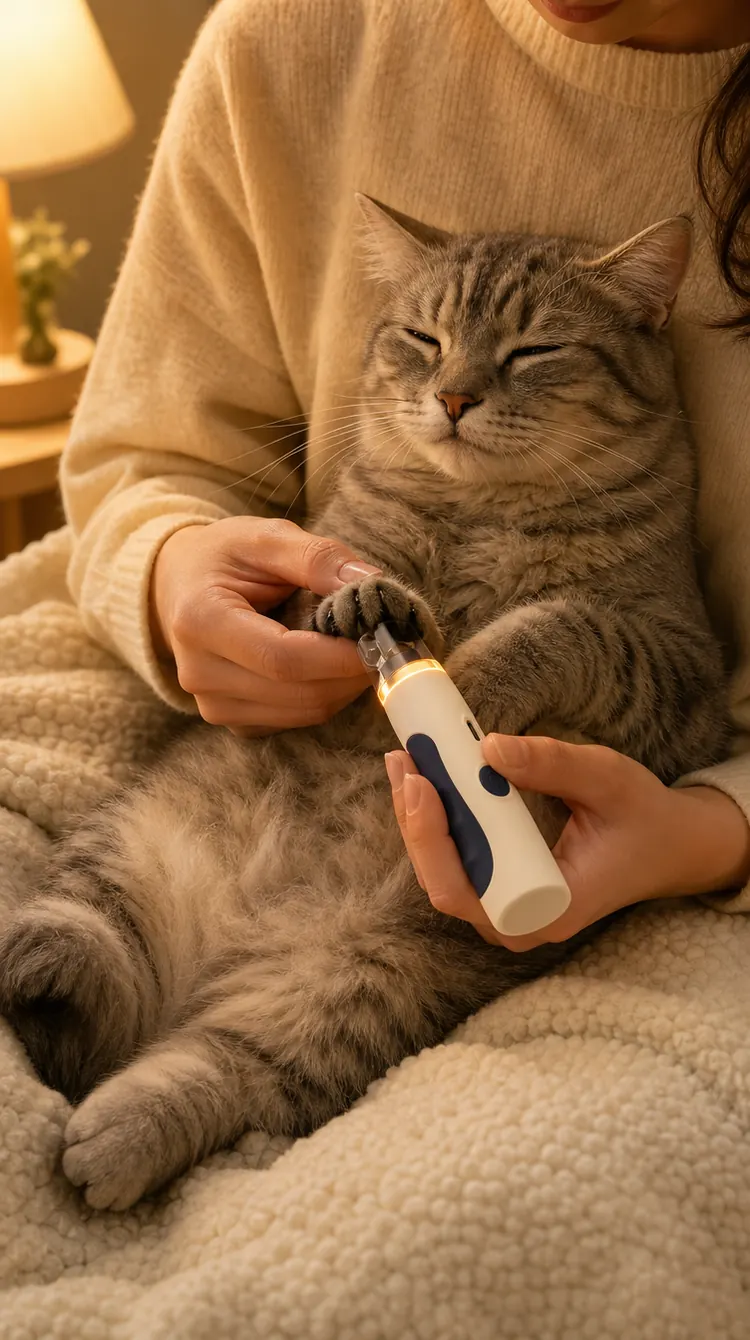 Illustration: a relaxed cat on its owner's lap having its claws trimmed