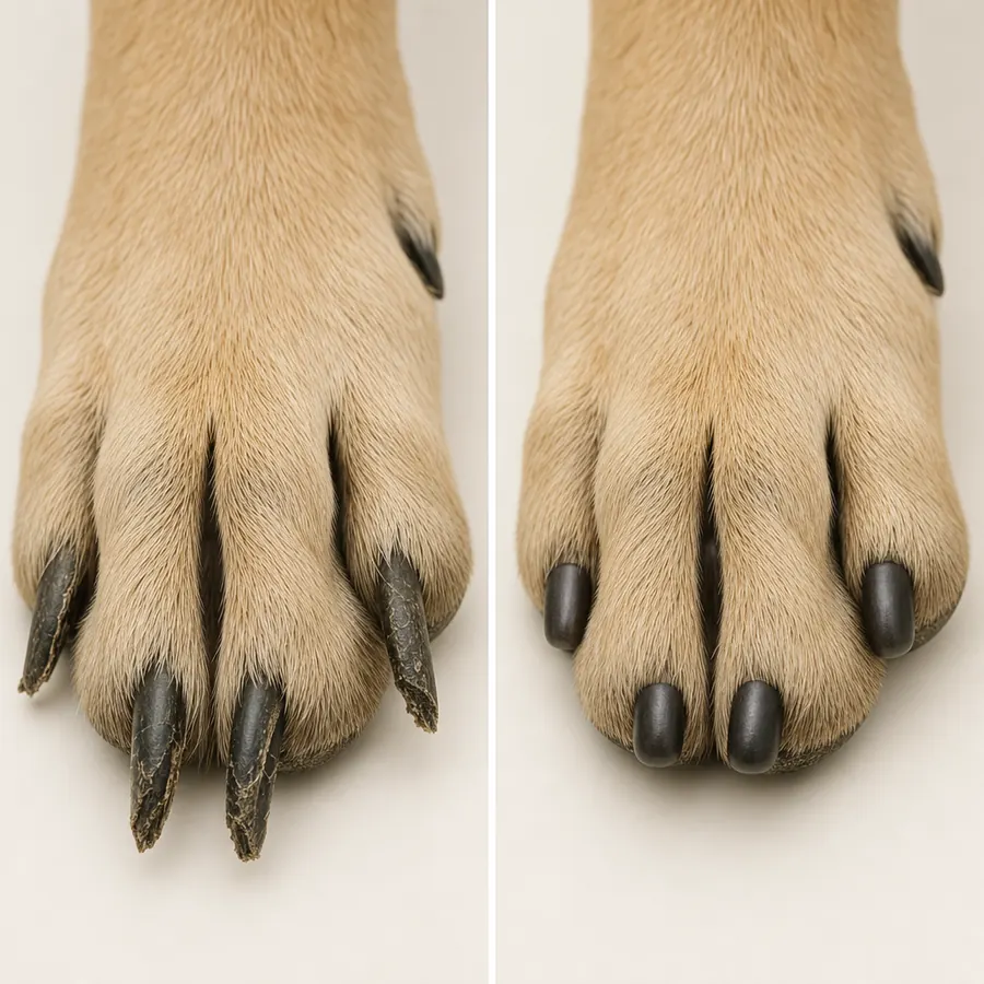 Side by side: long splintered dog nails and neatly smoothed nails