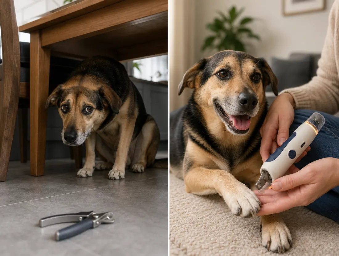 Illustration. Before: a nervous dog hiding from a metal clipper. After: the same dog relaxed during a trim with a 2-in-1 LED tool