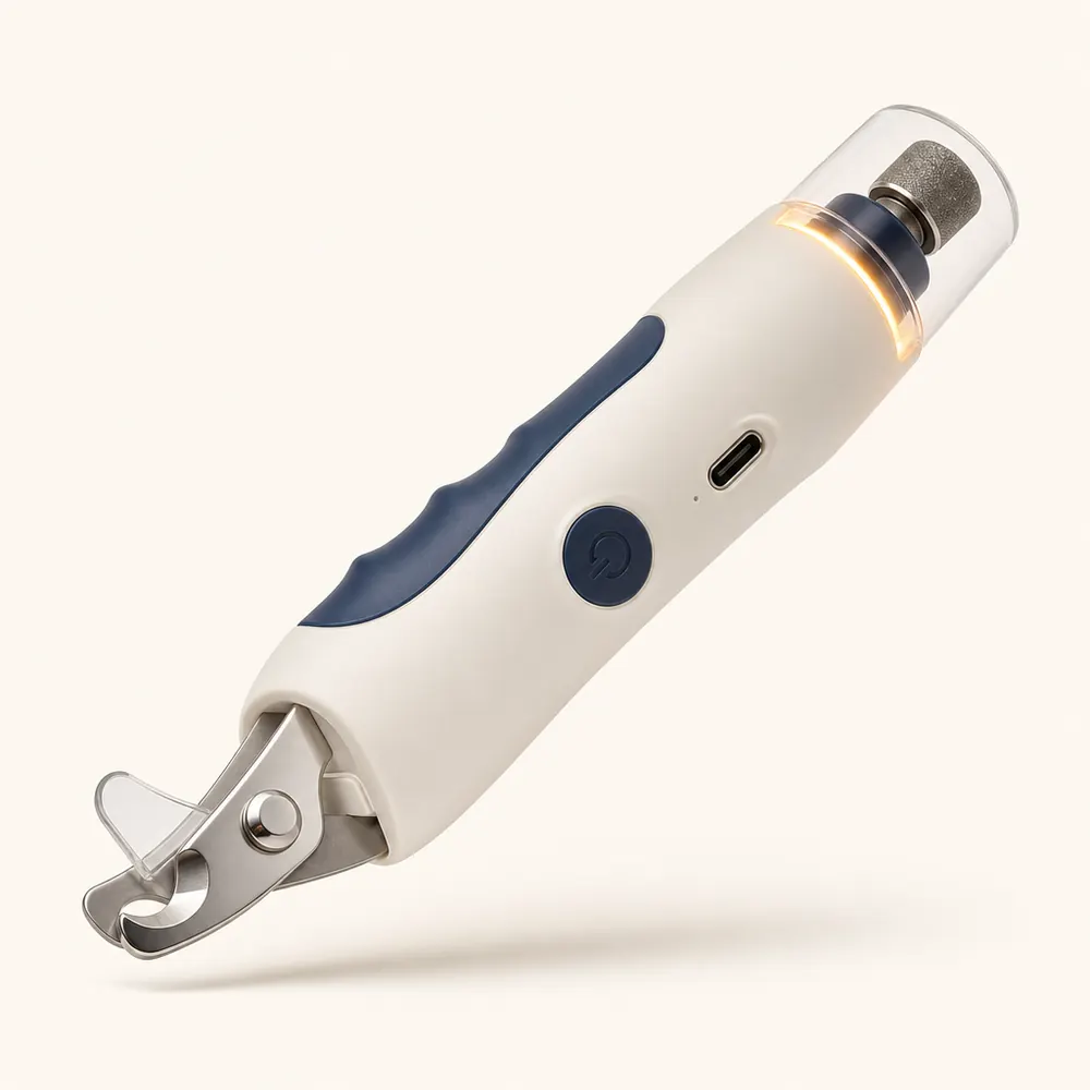 Illustration of a 2-in-1 pet nail clipper and grinder with an LED light