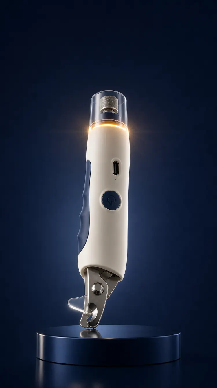 Illustration of a 2-in-1 nail clipper and grinder with its LED glowing