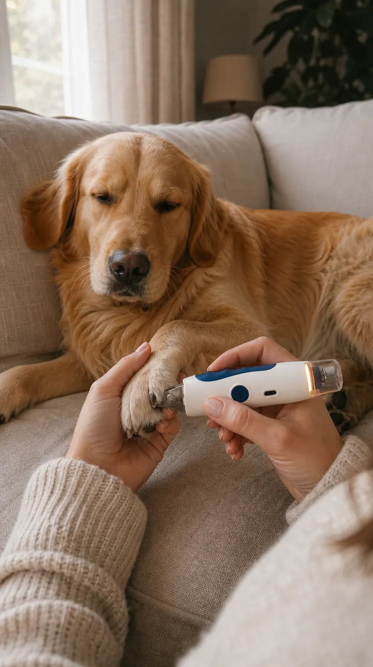 Illustration: a relaxed golden retriever on a sofa while its owner trims a nail
